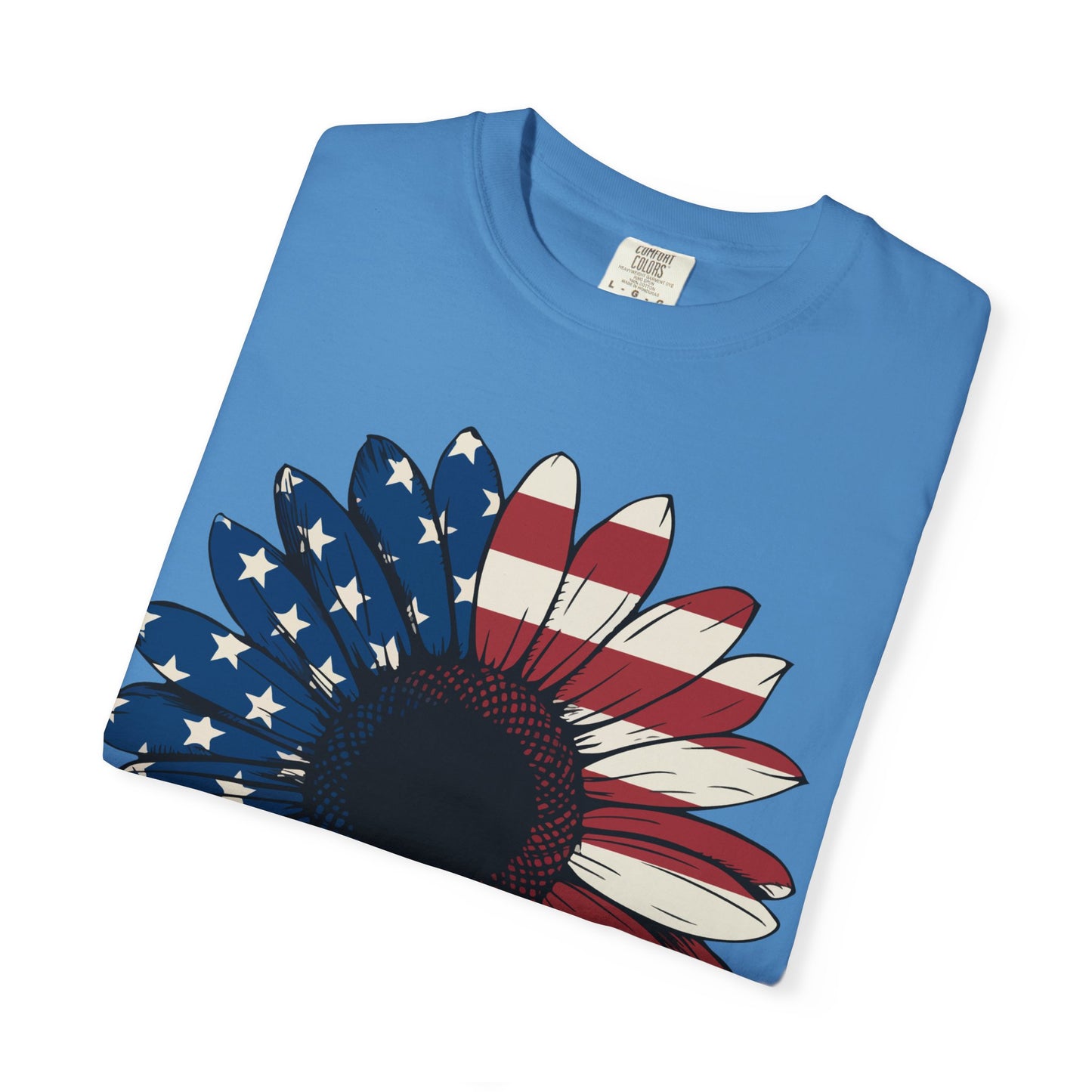 Patriotic Sun Flower Comfort ColorsT-Shirt, USA Flag Tee, Unisex Graphic T-Shirt for Independence Day, Summer Picnic, Gift for Americans