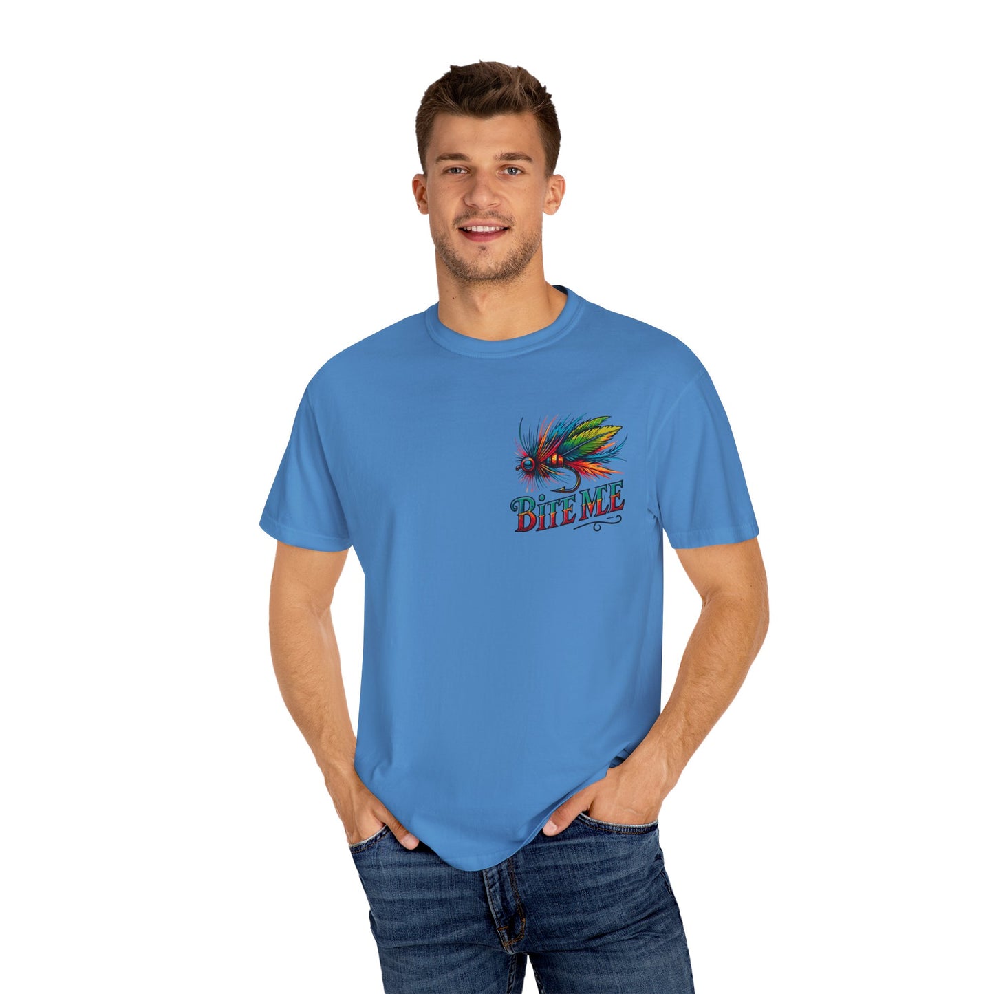Bite Me Fishing Shirt – Funny Fly Fishing Graphic Tee, Rainbow Lure Outdoor Humor, Sassy Angler Gift
