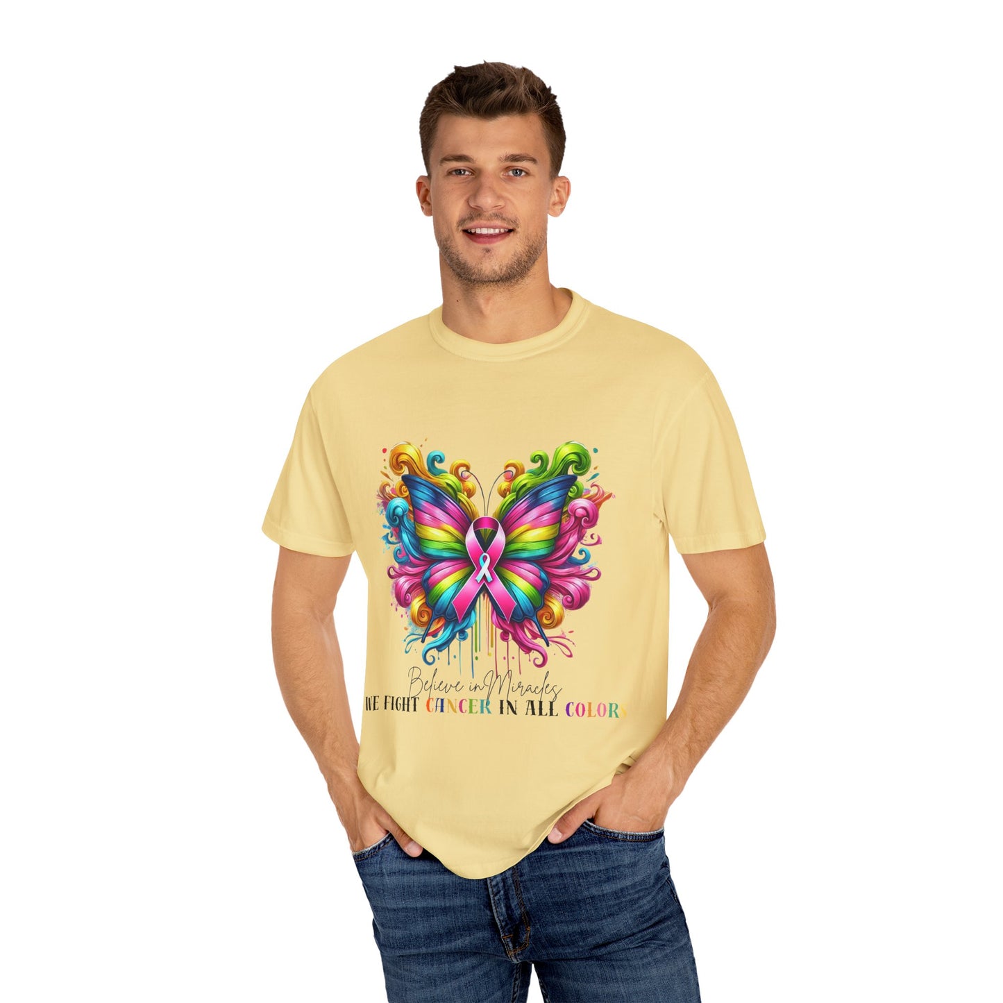 Colorful Butterfly Cancer Awareness Comfort Colors T-Shirt - Believe in Miracles, Fight Together