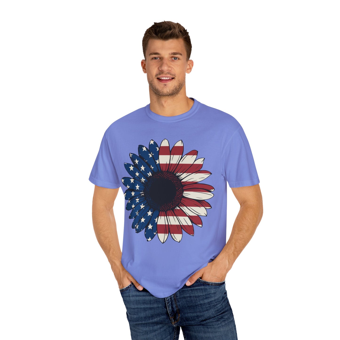 Patriotic Sun Flower Comfort ColorsT-Shirt, USA Flag Tee, Unisex Graphic T-Shirt for Independence Day, Summer Picnic, Gift for Americans