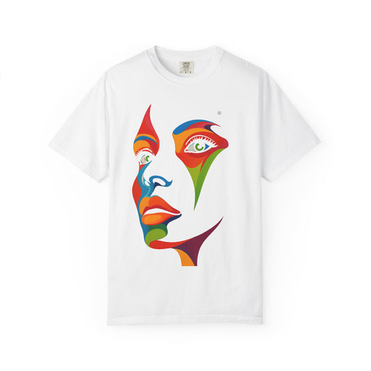 Bold Abstract Rainbow Face Art T-Shirt Colorful Expressionist Portrait Tee  Artistic Streetwear Shirt