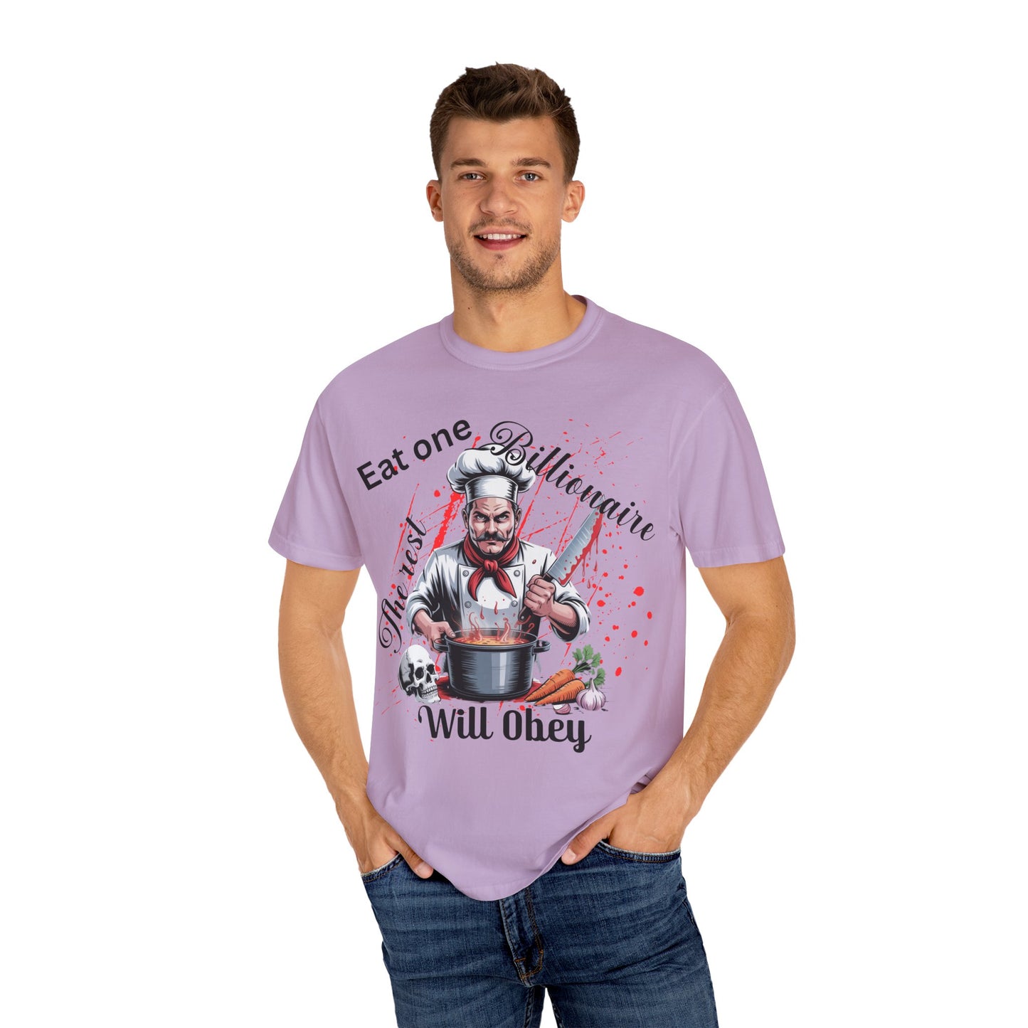 Funny Chef T-Shirt, Culinary Humor Tee, Eat One Billionaire The Rest Will Obey, Dark Satire Chef Skull Cooking Graphic T-Shirt, Anti-Capitalist Political Satire Tee