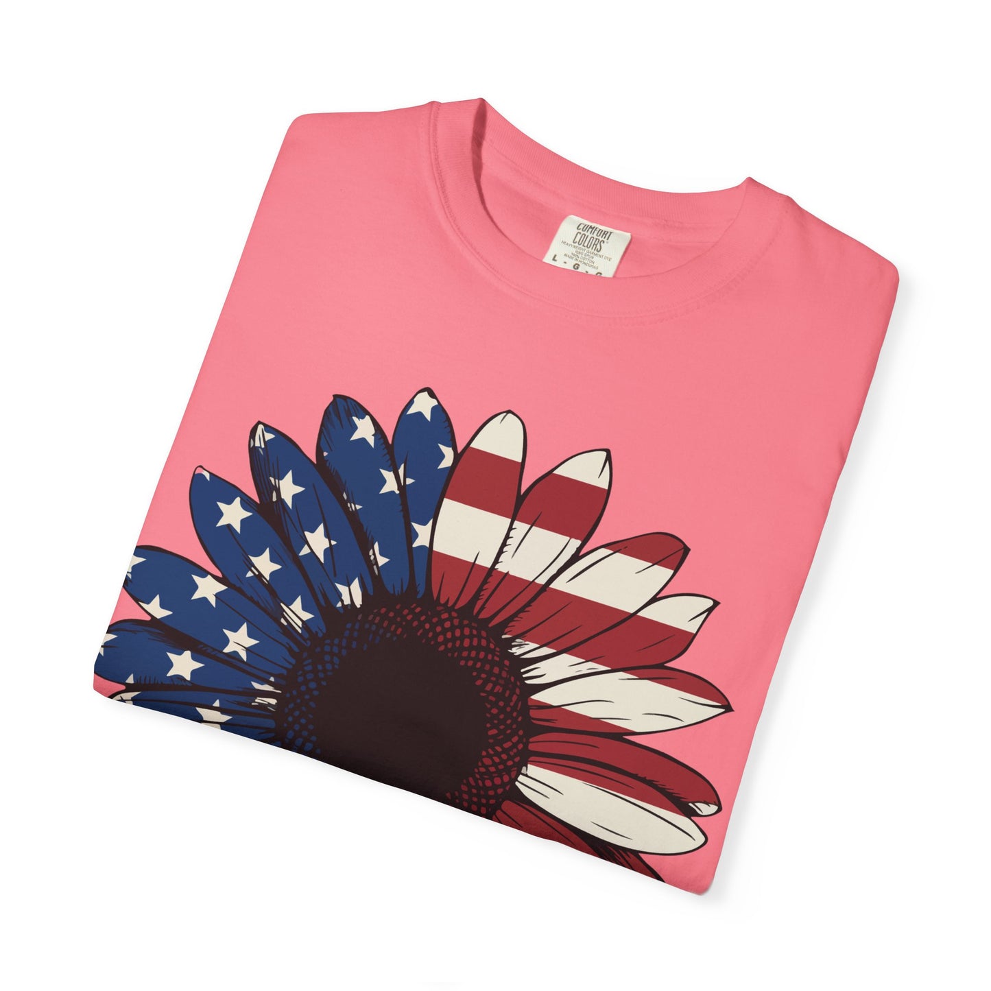 Patriotic Sun Flower Comfort ColorsT-Shirt, USA Flag Tee, Unisex Graphic T-Shirt for Independence Day, Summer Picnic, Gift for Americans